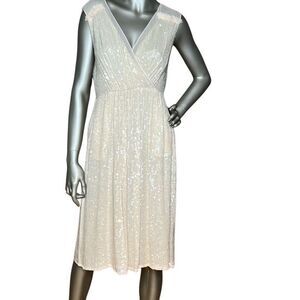 French Connection Sequin Midi Dress Cream Sleeveless V-Neck Size 0 (028)
